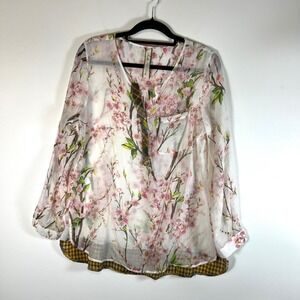 Aratta Silent Journey Women's Floral Print Sheer Button Up Blouse Top M boho